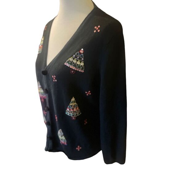Mercer Street Studio Hand Embroidered Christmas Vintage Black Button Down Cardig - Picture 5 of 11